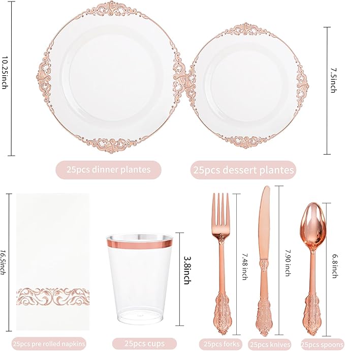 Hioasis 175pcs Clear Rose Gold Plastic Plates - Elegant Disposable Dinnerware Set Suitable for 25 Guests Include 10.25" Dinner & 7.5" Dessert Plates, Cutlery, Napkins, Cups for Party