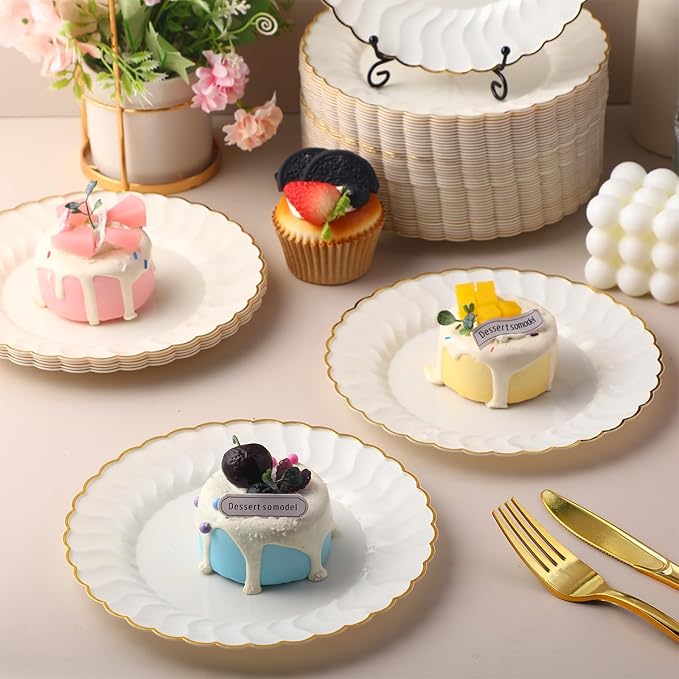 Mifoci 150 Pcs 7.5 Inch Ivory with Gold Rim Plastic Disposable Plates Bulk Salad Dessert Appetizer Cake Plates Elegant Fancy Plastic Tableware for Party Holiday, Wedding, Catering Table Decoration