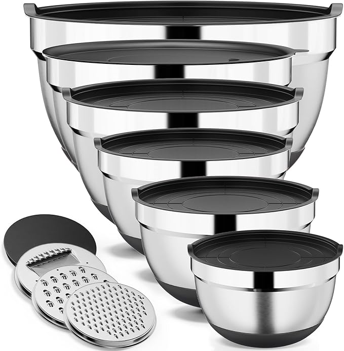 9 Pack Mixing Bowls with Airtight Lids Set, Stainless Steel Mixing Bowls with Grater Attachments, Nesting Kitchen Bowl Set with Non-Silp Bases, Size 7, 4, 3, 2, 1.5,1QT, Black