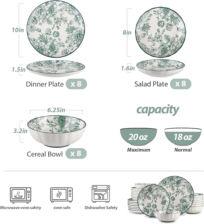 24-Piece Dinnerware Set Service 8, Porcelain Plates and Bowls Set, Vintage - Image 3