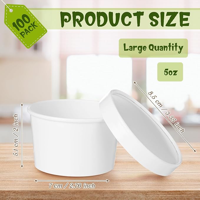 Fulmoon 100 Pack Paper Soup Containers with Lids Disposable Paper Food Containers with Vented Lid Kraft Ice Cream Cake Dessert Cups Soup Bowl for Party Hot Food Fruit Microwave(5 oz,White)