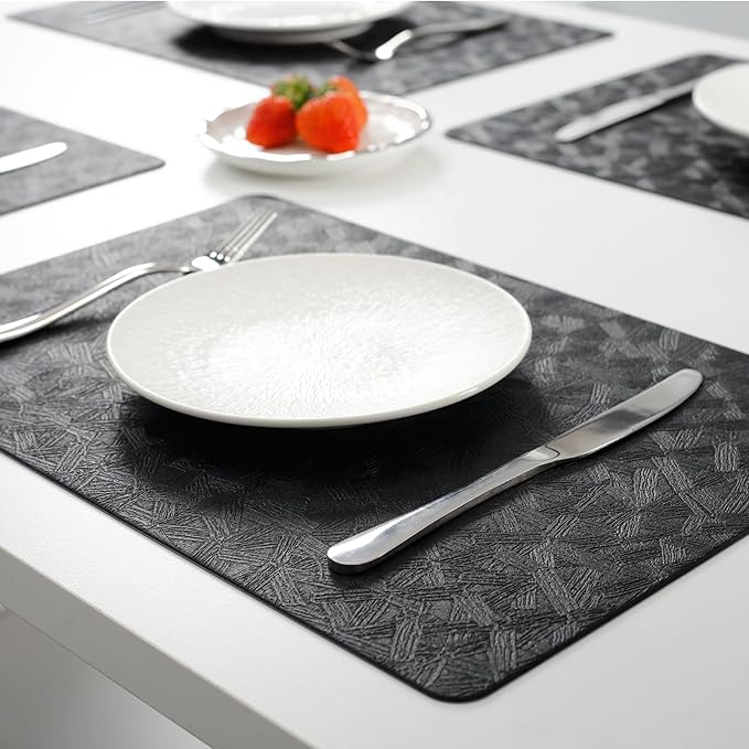 Vinyl Placemats Set of 8 Heat Resistant Easy Clean Non-Slip Place Mats for Dining Table Faux Leather Waterproof Stain Resistant Wipeable Washable PVC Table Mats(8, Black)