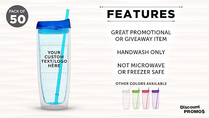 Custom Tall Orbit Acrylic Tumblers 20 oz. Set of 50, Personalized Bulk Pack - Perfect for Iced Coffee, Soda, Other Hot & Cold Beverages - Blue