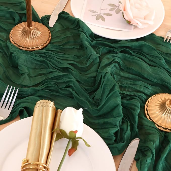8 Pack Emerald Green Cheesecloth Table Runner 120 Inch Boho Wedding Decor | - Image 7