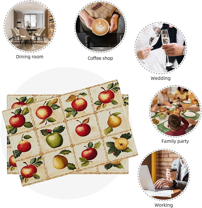 Apple Pear Placemats Set of 6, Retro Fruit Place Mats, Fruits Waterproof Washable Table Mats for Home Party Indoor Kitchen Dining Table Decoration 12x18 Inch