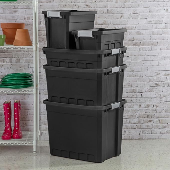 Sterilite 18-Pack Plastic Storage Bins with Lids, Stackable Containers, 7.5 Gallon, Black