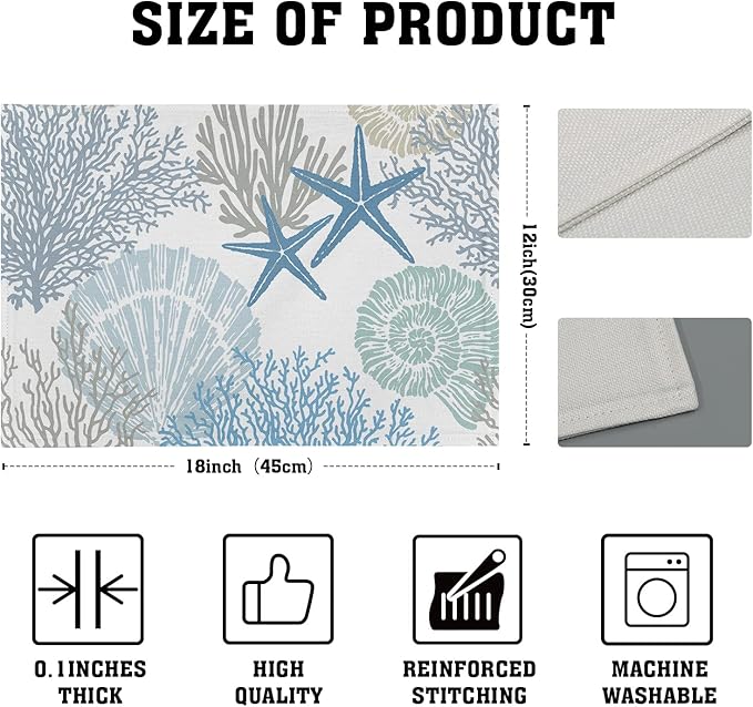 aportt Nautical Placemats Set of 4 Starfish Beach Theme Ocean Seashell Washable Non-Slip Heat Resistant 12×18 Inch Coastal Summer Thick Place Mats Decorative Linen Fabric Table Mat for Dining (FF)
