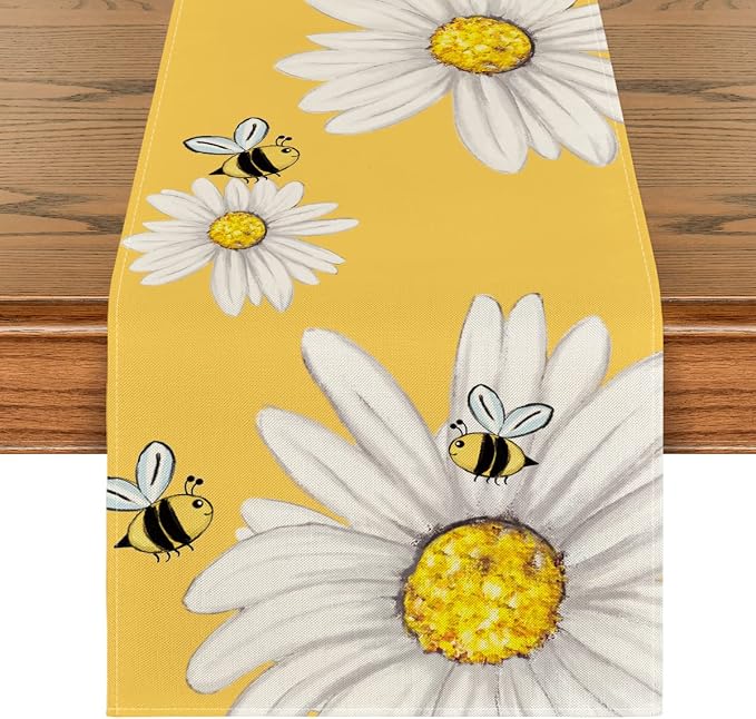 Artoid Mode Yellow Bee Sunflower Summer Table Runner, Seasonal Spring Holiday by ArtoidMode