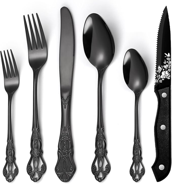 48 Pcs Gorgeous Retro Royal Black Silverware Set by Unknown