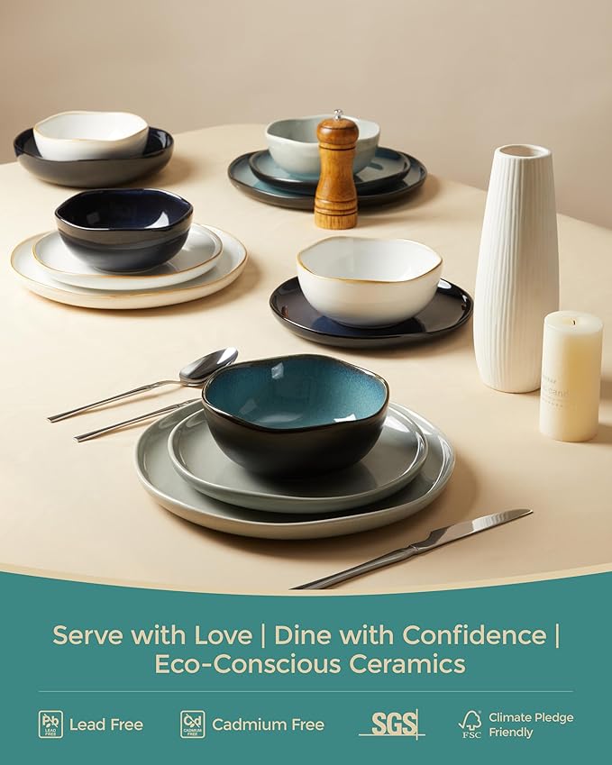 Pasta Bowls Set of 6, 36 Oz Ceramic Bowl Plates, Microwave Safe Bowl Sets, Deep Serving Bowls for Vegetable, Spaghetti, Noodle, Highly Durable Reactive Glazed, Green Black