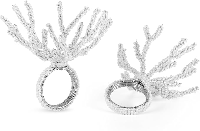 CLEENTABLE Beaded Napkin Rings Set for Dining Table - Elegant Pearl White Glass Beads with Silver Finish – Perfect for Weddings, Coastal Décor, Parties & Holiday Entertaining (White)