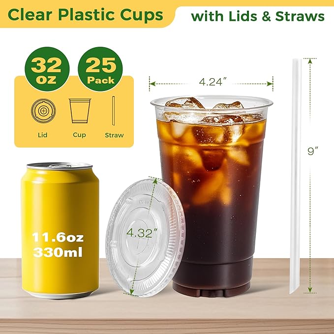 Charmount 32 oz Clear Plastic Cups with Lids and Jumbo Boba Straws, Disposable To Go Cups for Iced Coffee, Milkshake, Smoothies, Boba Milk Tea, Matcha Latte – 25 Sets