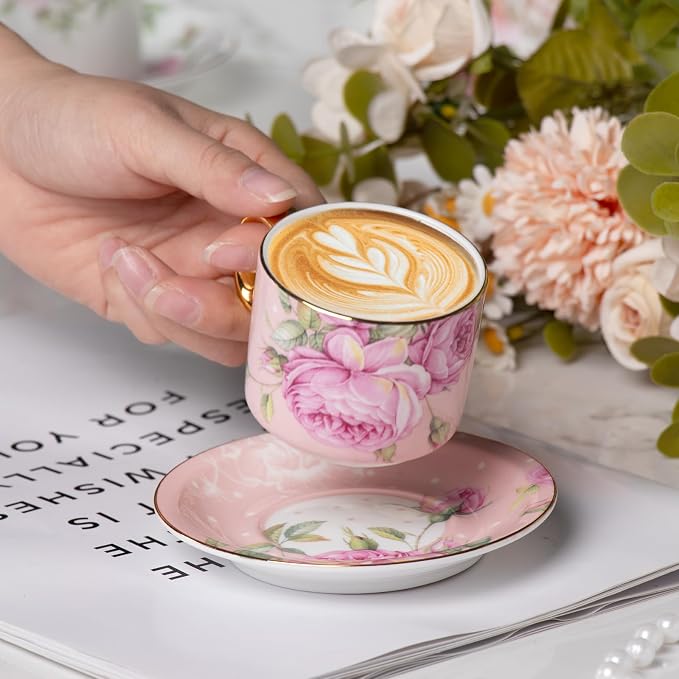 KAMMAK Tea Cups and Saucers Set of 2, Porcelain Coffee Cups, JBE025 | Stackable - Image 4