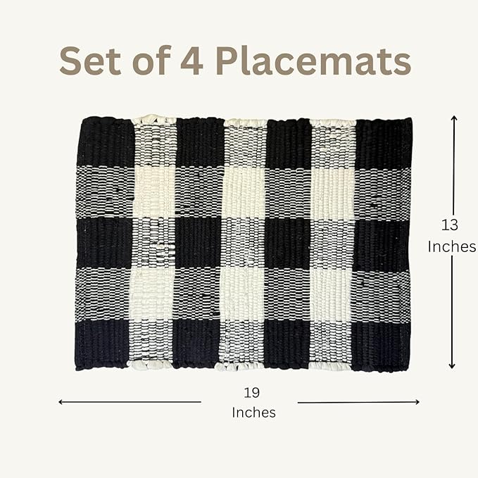 Perilla Home Cotton Placemat Set of 4 Table Mats for Kitchen Dining Home Decor Vintage Boho Rectangle Placemats (Black and White 13"x19")
