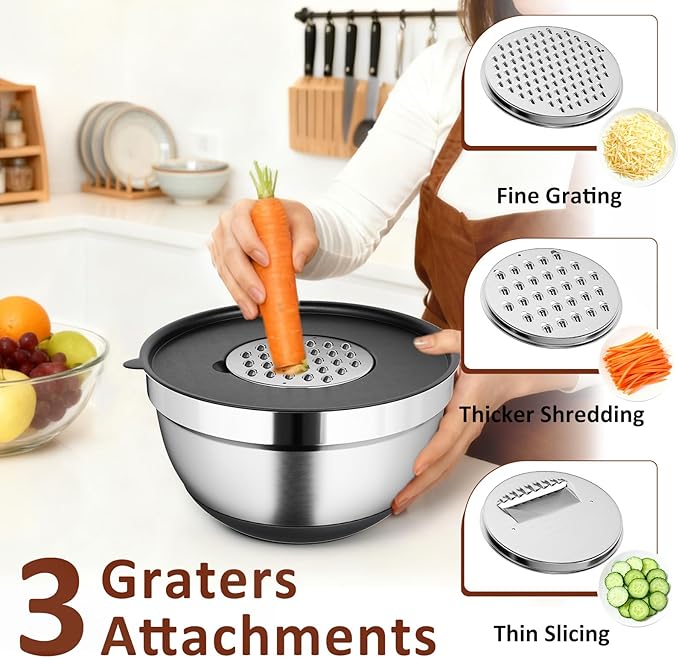 9 Pack Mixing Bowls with Airtight Lids Set, Stainless Steel Mixing Bowls with Grater Attachments, Nesting Kitchen Bowl Set with Non-Silp Bases, Size 7, 4, 3, 2, 1.5,1QT, Black