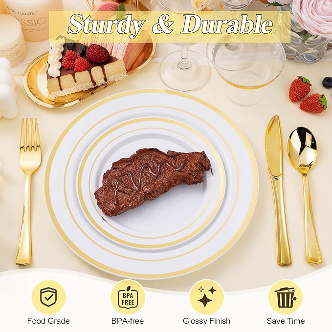 BESTSTAR 100PCS White Plastic Plates Set with Gold Rim, 50 10.25 inch Heavy Duty Dinner Plate and 50 7.5 inch Dessert Appetizer Plates, Premium Disposable Plates for Party, Wedding, Birthday