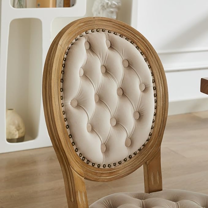 Ball & Cast French Vintage Upholstered Dining Chairs Set of 2, Button Tufted Kitchen Side-Chairs with Carved Antique Wood Frame & Nailhead Trims, 2-Piece Curved Backrest Louis Chair, Velvet Beige