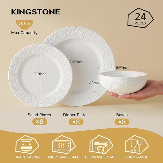 Dinnerware Sets for 8, 24-Piece plates and bowls sets, Matte Marble | Premium - Image 2
