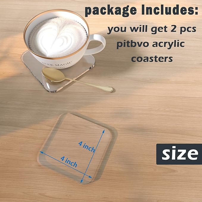 2 PCS Acrylic Coasters, Aesthetic Drink Coaster for Coffee Table, Clear Heat-Resistant Decorative Plates for Home Office Desk, Scratch-Proof Cup Protector for Kitchen Bar (Square 4'' 2 Pcs)