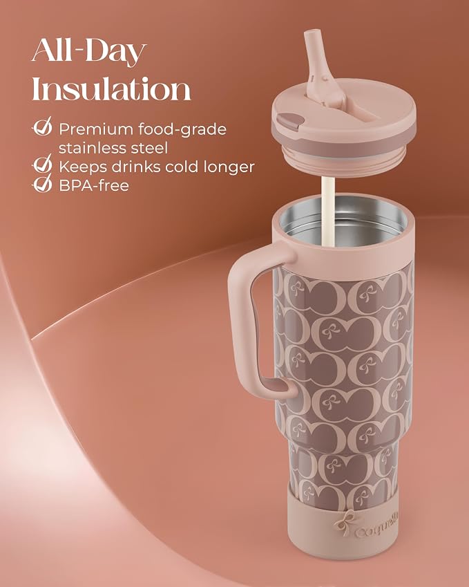 40 oz Insulated Tumbler with Handle and Push-Button Straw Lid, Stainless Steel - Image 4