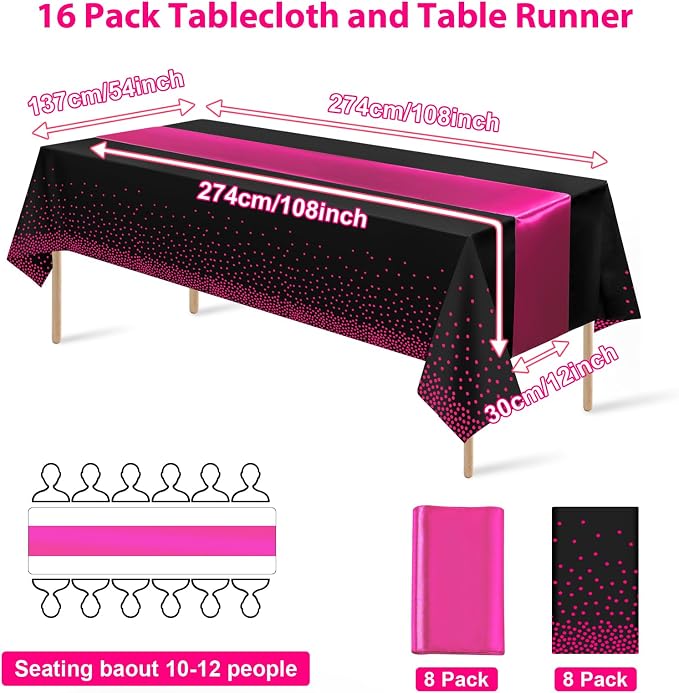 MASHAN 16Pack Disposable Plastic Party Tablecloths and Satin Table Runner Set - Image 2