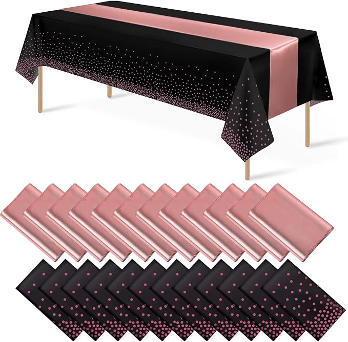 24Pack Disposable Plastic Tablecloth and Satin Table Runner Black and Rose Gold by MASHAN