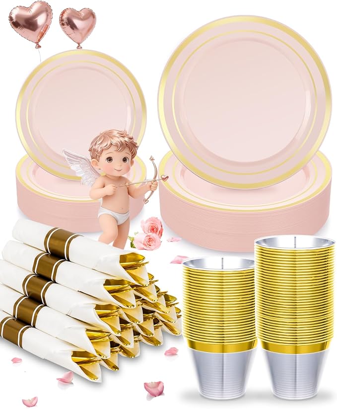 175PCS Pink Plastic Dinnerware Set, Disposable Party Plates for 25 Guests, Include: 50 Pink and Gold Plastic Plates, 25 Pre Rolled Napkins with Gold Silverware, 25 Cups for Wedding, Christmas