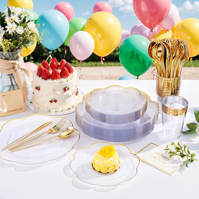 EI 180pcs Clear and Gold Plastic Plates with Plastic Silverware,Dinnerware Plate Set for Party,Disposable Plates Heavy Duty Clear Gold Cups for Wedding,Birthday,Spring Afternoon Tea