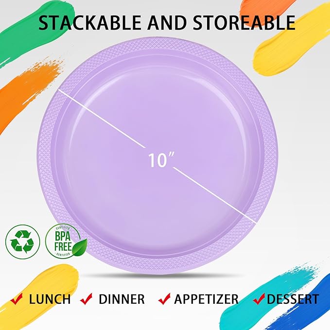 WELLIFE Lavender Party Plates 10 Inch -150 Count, Disposable Plastic Dinner Plates for Party Easter Mother's Day Wedding Birthday Picnic Graduation