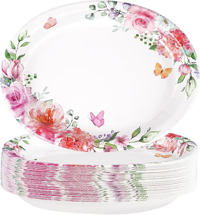Grencian 50Pcs Floral Oval Paper Plates 10" x 12" Disposable Pink Rose Floral Party Plates Spring Pink Flower Dinnerware for Wedding Tea Party Birthday Bridal Baby Shower Mother's Day Decorations