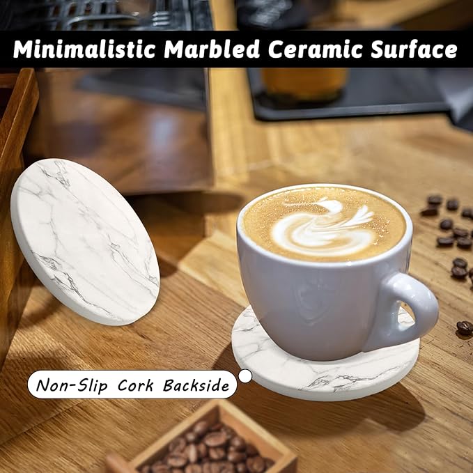 Ceramic Coaster Set of 8, 4 Inch Drink Coasters with Holder, Absorbent Drink Coasters for Dining Table, Round Coasters Set for Drinks, Cup Coaster for Home Decor, Housewarming Gift