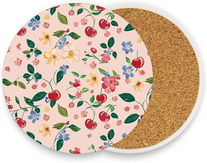 Coasters for Drinks Coaster Drink Set Decorative Coffee Table Desk Cup Mat Spring Cute Cork Bar Backing Round Home Decor Cute Cherry Blue Flowers26