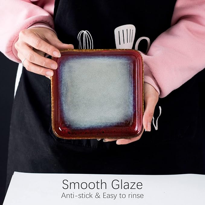 HENXFEN LEAD Small Square Plates 6.3 Inch – Ceramic Dessert, Appetizer & Snack Plates Microwave & Dishwasher Safe – Set of 4, Reactive Glaze Red