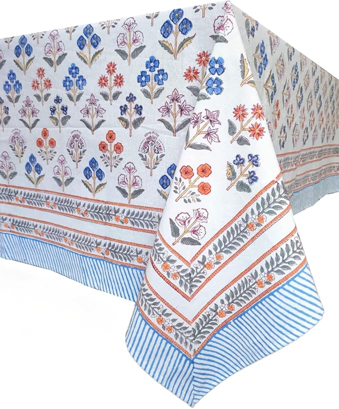 ATOSII Flora Bloom 100% Cotton Rectangle Boho Fall Tablecloth, Handblock Floral Table Cloth Linen for Kitchen Dining I Parties Wedding Outdoors Christmas Thanksgiving I 72 X 120 Inches I 10 Seater