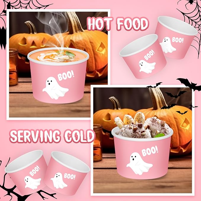 CHENGU 180 Pcs Halloween Snack Cups 9 oz Disposable Ghost Paper Ice Cream Bowls - Image 6