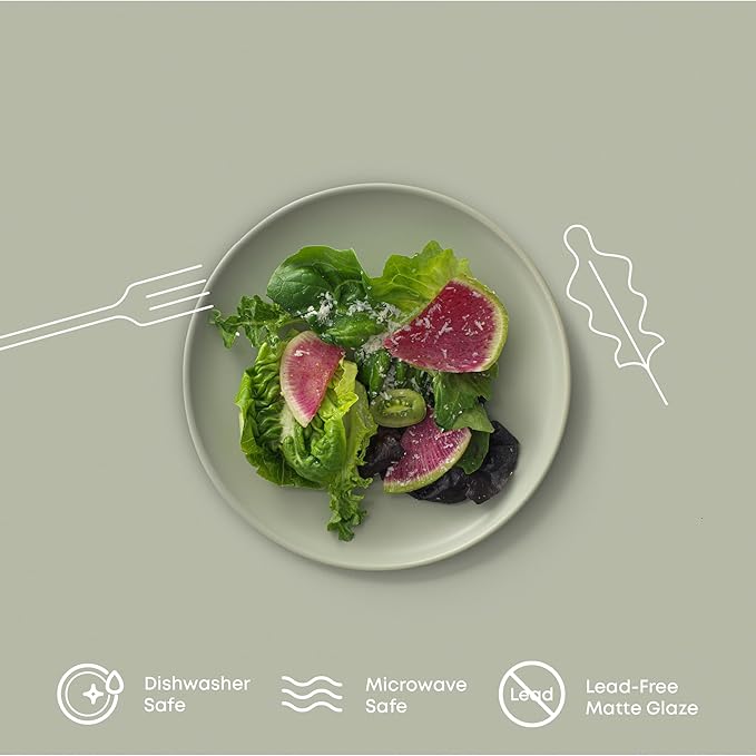 JoyJolt Mesa Stoneware Salad Plates, 8" Round Lunch Plates, Dishwasher and Microwave Safe Plate Set of 6, Modern Rustic Dinnerware, Appetizer Dessert or Dinner Sides Kitchen Dishes - Matte Sage Green