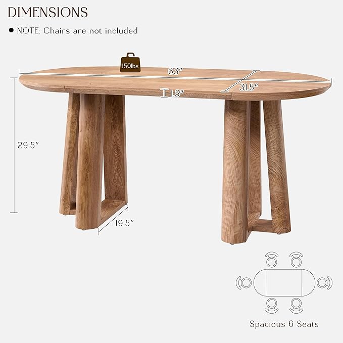 OKD 63" Dining Table for 6-8, Oval Dining Room Table with Triangular Structure Pedestal Stable Base, Curved Table Edge, Circle Kitchen Tables for Dining Room, Kitchen, Light Tree Knot