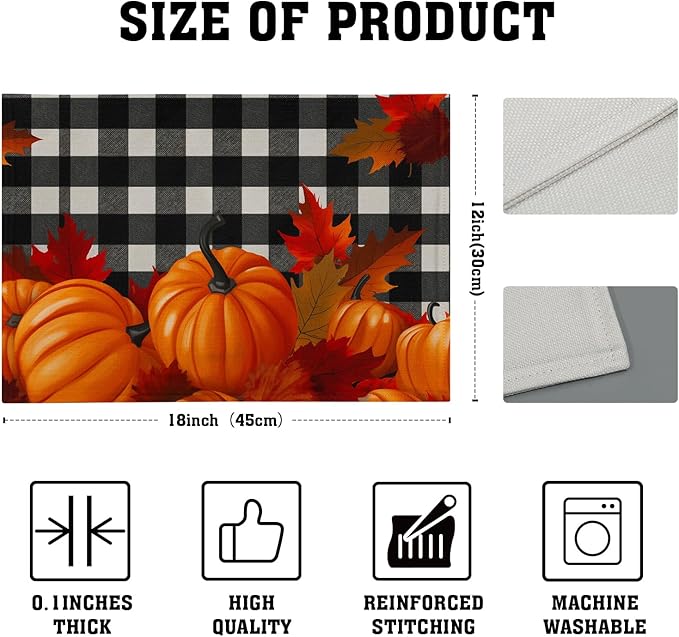 Pumpkins Placemats Set of 4 - Fall Buffalo Plaid Place Mats 12x18 Inch Autumn Farmhouse Pumpkin Table Mats for Kitchen Dining Room Thanksgiving Holiday Party