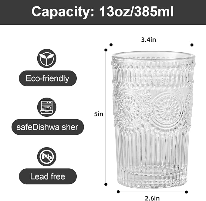 ZMOWIPDL Drinking Glasses Set of 6, 13oz Flower Design Clear Glass Cups | - Image 2