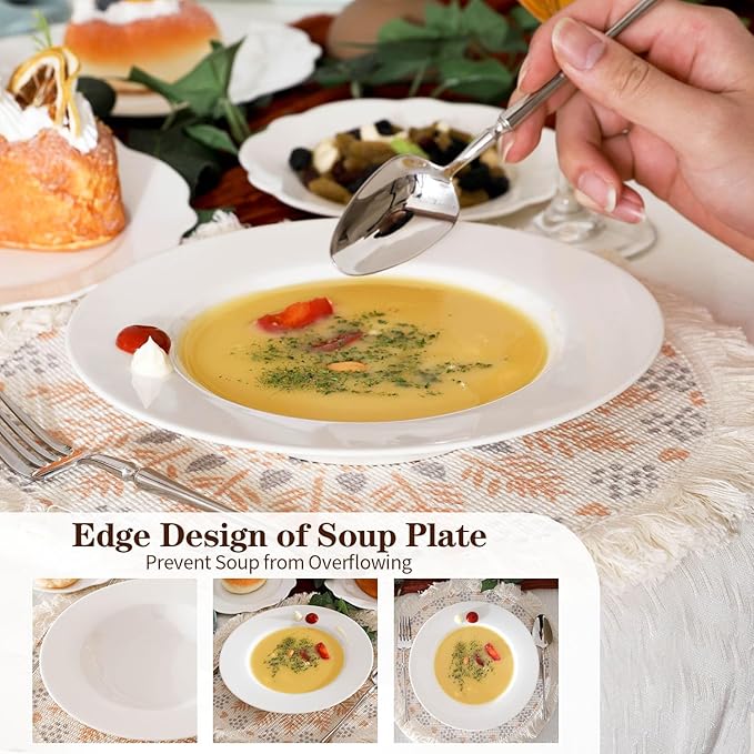 8.5 Inch Ceramic Soup Plate Set of 6, 8 Ounces Wide Rimmed Porcelain Soup Bowl, White Pasta Plates for Salad, Appetizer, Snack, Pizza, Microwave and Dishwasher Safe