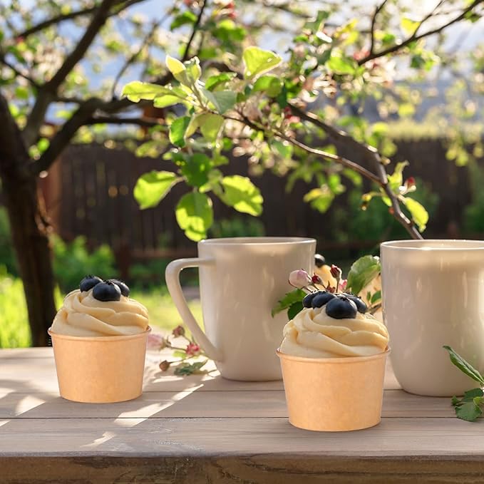 Honeydak 100 Pieces Ice Cream Soup Cups Paper 5 oz Disposable Sundae Bowls Kraft Paper Hot Cold Snack Yogurt Dessert Small Cups for Ice Cream Baby Shower Party Supplies, Brown Disposable Bowls