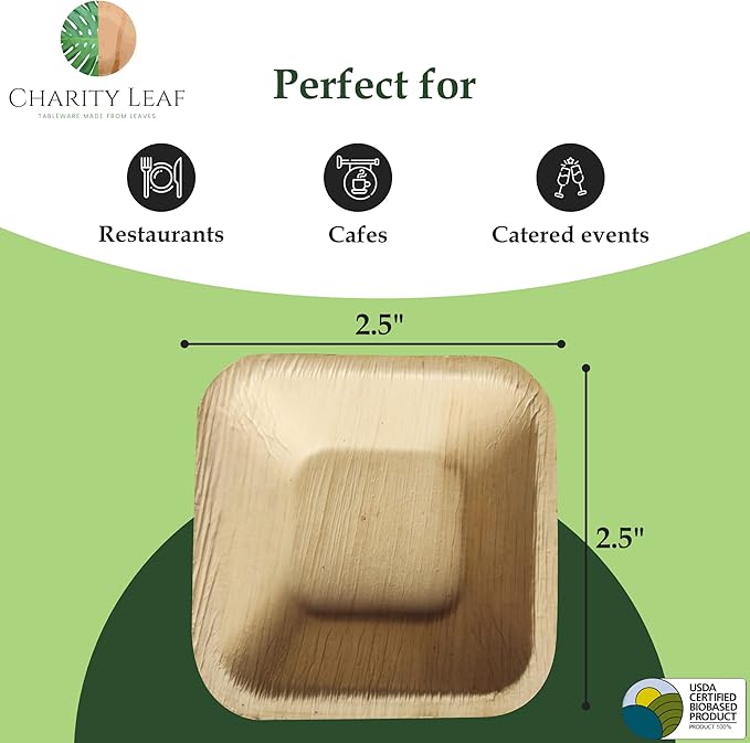 Charity Leaf Disposable Palm Leaf 2.5" Square Mini Bowl (25 pcs) Dipping Bowls | Bamboo Like| All Natural and Biodegradable | Charcuterie Boards, BBQs, and Parties