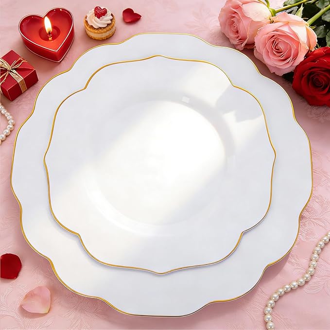 NOCCUR 120PCS White and Gold Plastic Plates - 10.25inch and 7.5inch Gold Disposable Plates Set Heavy Duty for Party/Wedding/Valentine's Day