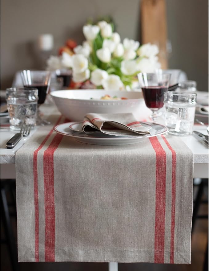 Solino Home 100% Pure Linen Table Runner, 14 x 72 in, French Stripe | Table by SolinoHome