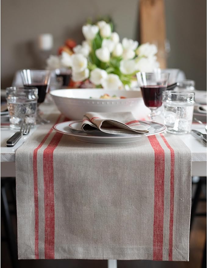 Solino Home 100% Pure Linen Table Runner, 14 x 120 in, French Stripe | Table by SolinoHome