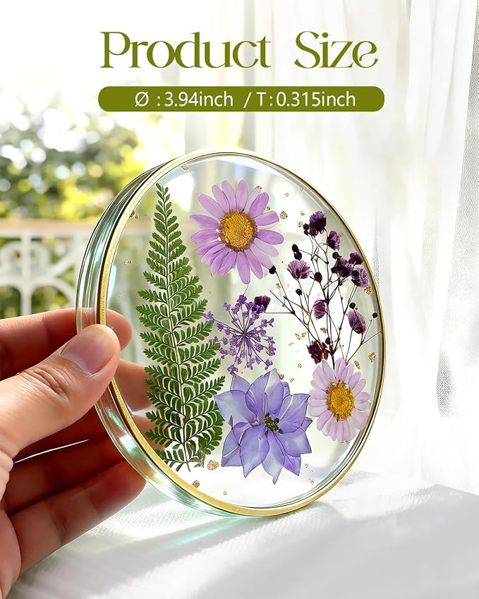 Oqplog Resin Drink Coasters for Desk Coffee Table-Pink&Purple Dried Flowers - Image 2