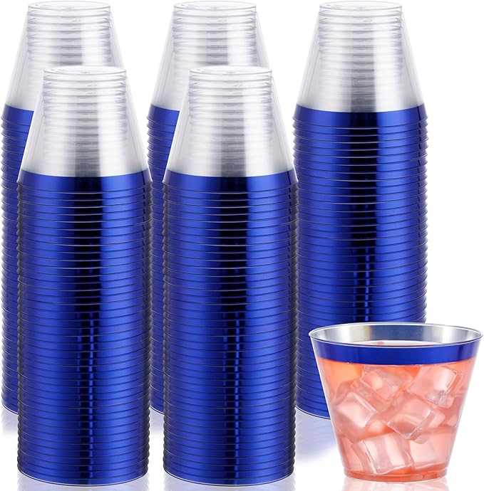 DaYammi 120Pcs 9 Oz Blue Plastic Cups Disposable Clear Plastic Party Cups with Blue Rim Heavy Duty Disposable Wine Glasses Fancy Hard Drinking Tumblers plastic Cocktail Cups for Wedding Party