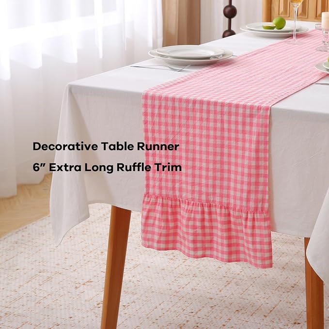 Coral Pink White Plaid Gingham Ruffle Table Runner 120 inches Long 100% Washed - Image 3