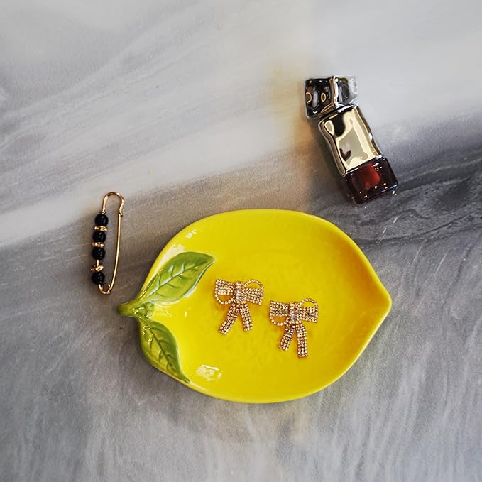 Ceramic Jewelry Tray, Lemon Shaped Trinket Dish, Jewelry Organizer, Ring Holder, Decorative Bowl for Rings Earrings Necklaces Bracelet Jewelry Watch Keys, Gift for Sisters Daughter (Lemon)