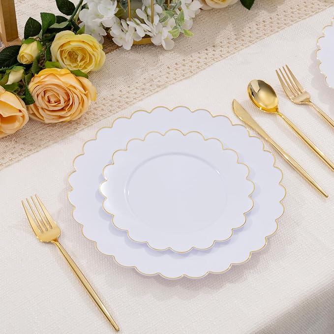 LIYH 120 Pcs White Plastic Scalloped Plates - Gold Fancy Disposable Plastic Plates Includes 60 Dinner 10.25" & 60 Dessert Plate 7.5" Elegant Gold Rim for Party Birthday Valentines Day